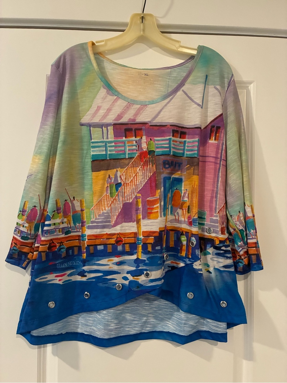 Art & Sol By Ellen Negley  Women's Plus XL Funky Boho Beachy Shirt w/ Grommets